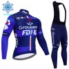 Set Fietsshirt Lange Mouw + Lange Koersbroek 2024 Groupama FDJ Winter Thermal Fleece Zwart Blauw